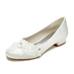 Gycdwjh Flach Brautschuhe Satin Hochzeitsschuhe Damen Runde Zehe Geschlossene Flacher Absatz für Hochzeiten und Partys Wohnungen Pumps,Elfenbein,42 EU von Gycdwjh