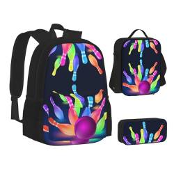 HAHAFU Bowlingbälle, Schulrucksack-Set mit isolierter Lunchtasche, leichtes Federmäppchen, bedrucktes Polyester, Laptop-Rucksack, Schwarz , Einheitsgröße von HAHAFU