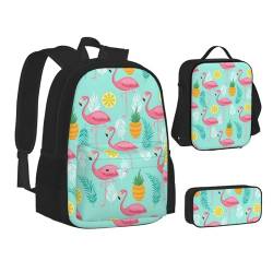 HAHAFU Flamingo Schulrucksack-Set mit isolierter Lunchtasche, leichtes Federmäppchen, bedrucktes Polyester, Laptop-Rucksack, Schwarz , Einheitsgröße von HAHAFU