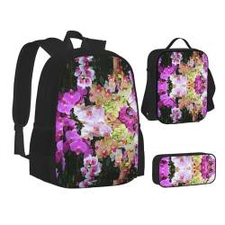 HAHAFU Orchideen-Schulrucksack-Set mit isolierter Lunchtasche, leichtes Federmäppchen, bedrucktes Polyester, Laptop-Rucksack, Schwarz , Einheitsgröße von HAHAFU