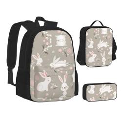 HAHAFU Osterhasen-Schulrucksack-Set mit isolierter Lunchtasche, leichtes Federmäppchen, bedrucktes Polyester, Laptop-Rucksack, Schwarz , Einheitsgröße von HAHAFU