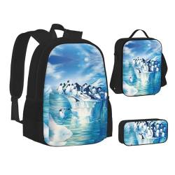 HAHAFU Penguins Schulrucksack-Set mit isolierter Lunchtasche, leichtes Federmäppchen, bedrucktes Polyester, Laptop-Rucksack, Schwarz , Einheitsgröße von HAHAFU