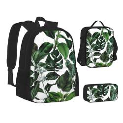 HAHAFU Schulrucksack-Set mit tropischen Blättern, isolierter Lunchtasche, leichtes Federmäppchen, bedrucktes Polyester, Laptop-Rucksack, Schwarz , Einheitsgröße von HAHAFU
