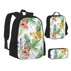 HAHAFU Schulrucksack-Set mit tropischer Ananas-Motiv, isolierte Lunchtasche, leichtes Federmäppchen, bedrucktes Polyester, Laptop-Rucksack, Schwarz , Einheitsgröße von HAHAFU