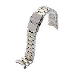 HAJMGUMC Uhrenarmband mit gebogenem Ende, 18 mm, 20 mm, 22 mm, 24 mm, Ersatz-Uhrenarmband, Doppelverschluss-Verschluss, Edelstahl-Armband mit Werkzeug(Silver Gold,18mm) von HAJMGUMC