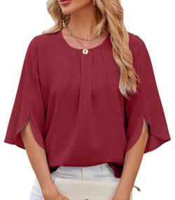 HANERDUN Damen Bluse Flowy Chiffon Blusenshirt Sommer Shirts Elegant 3/4 Arm Kurze Tunika Falten Rundhals Tops Casual Oberteile Locker Hemd Streetwear von HANERDUN