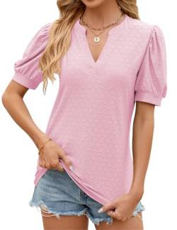 HANERDUN Damen T Shirt Sommer Kurzarm Tops V-Ausschnitt Solide Bluse Hohle Bequem und atmungsaktiv Freizeit Strand Oberteile von HANERDUN