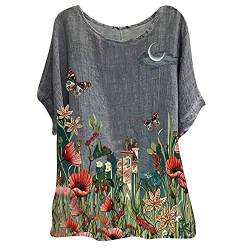 Tshirt Damen Sommer Exquisites Leinen Rundhals Kurzarm Bedrucktes T-Shirt, Musselin Bluse Leichte Atmungsaktive, Leinenbluse Schicke Und Elegante, Top Casual Fashion, Leinenhemd Weich Und Bequem von HAOLEI