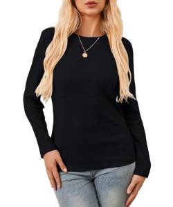 HAPYWER Damen Langarmshirt Eng Gerippt Langarm Tshirt Basics Oberteile Warm Skim Shirts Crop Tops Rundhalsausschnitt Longsleeve Shirt Einfarbig(Schwarz,M) von HAPYWER