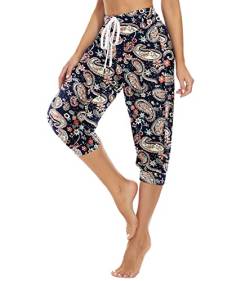 HAPYWER Haremshose Damen Kurz Baumwolle Yogahose High Waist Capri Sommerhose Jogginghose Pumphose Aladinhose Weit Bund für Pilates Yoga S-2XL(Flower59,XL) von HAPYWER