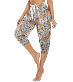 HAPYWER Haremshose Damen Kurz Yogahose 3/4 Lang Capri Sommerhose 3/4 Leicht Sporthose Strandhose Luftige Pumphose Aladinhose für Pilates Yoga S-2XL（Flower72,L von HAPYWER