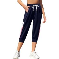 HAPYWER Jogginghose Damen Kurz 3/4 Baumwolle Sporthose Frauen Freizeithose 3/4 Lang Capri Sommerhose Leicht Yogahose Hohe Taille Trainingshose mit Taschen(Marineblau,XL) von HAPYWER