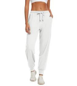 HAPYWER Jogginghose Damen Lang Trainingshose High Waist Sweathose Baumwolle Joggpants Casual Sweatpants Freizeithose für Frauen und Mädchen(Weiß,M) von HAPYWER