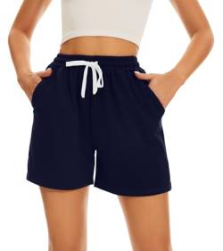 HAPYWER Kurze Hosen Damen Sommer Sport Shorts Baumwolle Sporthose Kurz mit Taschen Badeshorts Locker High Waist Bermuda Shorts S-XXL（Marineblau,L von HAPYWER