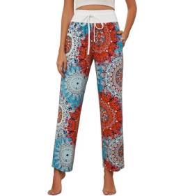 HAPYWER Schlafanzughose Damen Yogahose Lang Pyjamahose Weich Bequeme Lässig Weites Bein Straight Leg Freizeithose mit Taschen und Kordelzug für Frauen(Flower37,L) von HAPYWER