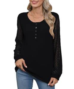 HAPYWER Bluse Damen Elegant Knopfleiste Shirt Langarmshirt mit Spitze Pullover Langarm Oberteil V-Ausschnitt Tops Festlich S-XXL(Schwarz,XL) von HAPYWER