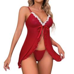 HAQUOS Damen Dessous Set Weinachten - Sexy Nachthemd Hohl Nachtwäsche Festival Rot Rot Xmas Kleidung Sexy Weihnachten Geschenk Weihnachts Reizwäsche Winter Weihnachtsmann Nachtwäsche von HAQUOS