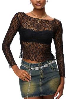 HAWILAND Damen Netz Oberteil - Transparenter Netztop One Shoulder durchsichtiges Mesh Top Rave Outfit für Party Club #2 Schwarz S von HAWILAND