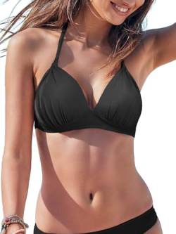 HAWILAND Push Up Bikini Oberteil Damen Sportlich Neckholder Bikini Top Retro Sexy Bikini mit Schnürung abnehmbaren Pads Schwarz S von HAWILAND