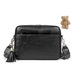 HAWILL Kleine Umhängetasche Damen mit Breiter Gurt Handytasche zum Umhängen Leder Schultertasche Mode Crossbody Tasche mit Quaste für iPhone 14/14 Pro Max/13/13 Pro/12/11 Pro/XR/X (Schwarz) von HAWILL