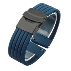 HBGRVCKS Silikon-Uhrenarmband mit Streifenmuster, Ersatzarmband aus Silikongummi, 18 mm, 20 mm, 22 mm, 24 mm, Uhrenarmband mit Faltschließe aus Edelstahl(Blue-Black-Safe,20mm) von HBGRVCKS