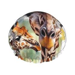 Wiederverwendbare Duschhaube für Damen, wasserdicht, doppellagig, Badehaube, Aquarell, Hirsch, Giraffe, Duschhut für Damen, Spa-Salon, große Größe für alle Haarlängen von HCBPWVQA