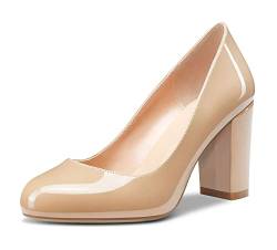 HDEUOLM Damen Chunky Blockabsatz Hoher High Absatz Heel Geschlossene Runde Zehenkappe Pumps Slip-on Hochzeit Büroschuhe Cute Schuhe 8CM Heels Beige Lackleder 39 EU von HDEUOLM