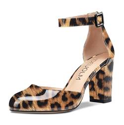 HDEUOLM Damen Pumps mit Mittelhohem Absatz Knöchelriemen Runder Zehe Klobiger Blockabsatz Grundlegende Schuhe in Übergröße 8CM Heel Mehrfarbig Leopard 35 EU von HDEUOLM