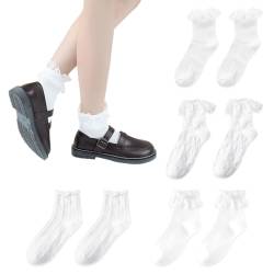 HDGSAFD 4 Paar Damen Rüschensocken, Knöchelsocken, Spitzensocken, Ballettsocken, Elegante Prinzessinnensocken, Einfarbige, Atmungsaktive Baumwollsocken (Weiß) von HDGSAFD