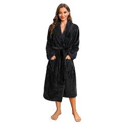 HEARTNICE Damen Fleece Bademantel Morgenmantel weich warm Bademantel Damen Plüsch flauschig Bademäntel Saunamantel Hausmantel (Schwarz, L/XL) von HEARTNICE