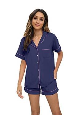 HEARTNICE Pyjama Damen kurz, Schlafanzug Damen Kurzarm Sommer Pyjama Kurz Set Nachtwäsche Loungewear (Marineblau, M) von HEARTNICE