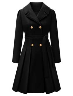 HEEKPEK Damen Winter Zweireihiger Trenchcoat Dicke Lange Wolle Revers Overcoat A Linie Slim Pea Jacke mit Gürteltaschen, Schwarz, Small von HEEKPEK