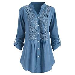 Langarmshirt Damen Große Größen Oberteil Longshirt Elegant Bluse Sexy Tops Lässiges Blusenshirt Button Down Hemd Stylische Spitzentops Revers Tunika Hemdbluse Roll up Langarm Tshirt mit Spitzen von HEITUI