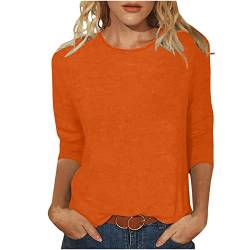 Pullover Damen 3/4 Arm Shirt Elegante Tunika Oberteile Rundhals Bluse Einfarbig Basic Tops Slim Fit Blusenshirt Klassisch Mode Freizeitbluse Leichtes Frühlingspullover Damenpullover Orange XXL von HEITUI