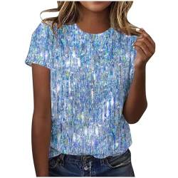 Tshirt Damen Baumwolle Kurzarm Shirt Sommer Rundhals Bluse Elegant Tunika Hemd T-Shirt Pailletten Muster Oberteil Hochzeit Party Glitzertop 2024 Faschingskostüme Sommermode Bekleidung Blau XXL von HEITUI