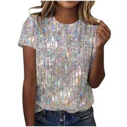 Tshirt Damen Baumwolle Kurzarm Shirt Sommer Rundhals Bluse Elegant Tunika Hemd T-Shirt Pailletten Muster Oberteil Hochzeit Party Glitzertop 2024 Faschingskostüme Sommermode Bekleidung Grau S von HEITUI