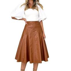 HESYSUAN Damen Faltenrock mit hoher Taille, A-Linie, Vintage-Kunstleder, A-Linie, elegant, knielang, Midi-Swing-Kleid, khaki, 44 von HESYSUAN