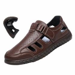 HESYSUAN Herren-Sommer-Sandalen mit Aushöhlung, echtes Leder, atmungsaktiv, leger, weiche Sohle, Loafers, Business-Casual-Sandalen, braun, 40 EU von HESYSUAN