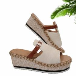 Peep-Toe-Sandalen für Damen, Keilabsatz, Schlupfschuhe, Plateauschuhe, lässig, Sommer, Urlaub, Pantoffeln, Outdoor, offene Zehen, beige, 42 EU von HESYSUAN