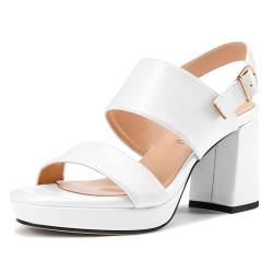 HEUIVZAR Damen Plateau Plattform Chunky Absatz Heels Open Zehenkappe Knöchelriemen Mittlerem Absatz Heel Sandalen Dress Schuhe 8 CM Heels Weiß 45 EU von HEUIVZAR