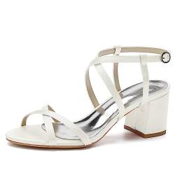 HFWXYSA Damen Brautschuhe Sandalen Blockabsatz Knöchelriemen Offene Zehen Satin Hochzeitsschuhe,Elfenbein,38 EU von HFWXYSA