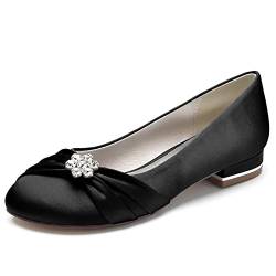 HFWXYSA Damen Brautschuhe Satin Runde Zehen Flache Ballerinas Strass Dekoration Slip Auf Weiße Hochzeitsschuhe Sandalen,Schwarz,39 EU von HFWXYSA