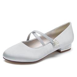 HFWXYSA Damen Flache Hochzeitsschuhe Strass Satin Ballerinas Runde Zehe Riemchen Brautschuhe Brautjungfernschuhe,Silber,37 EU von HFWXYSA