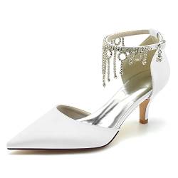 HFWXYSA Damen Geschlossene Spitze Zehen Hochzeitsschuhe Knöchelriemen Kitten Heel Elfenbein Brautschuhe mit Strass,Weiß,41 EU von HFWXYSA