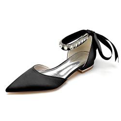 HFWXYSA Damen Geschlossene Zehen Strass Ballerinas Knöchelriemen Brautschuhe Spitze Flache Schuhe mit Strass,Schwarz,38 EU von HFWXYSA