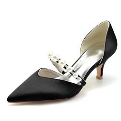 HFWXYSA Damen Kitten Heels Hochzeitsschuhe Geschlossener Zehen Satin Pearls Party Brautschuhe Slip on Kleid Pumps,Schwarz,37 EU von HFWXYSA