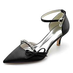 HFWXYSA Damen-Pumps mit spitzem Zehenbereich, mittelhoher Absatz, Satin, Knöchelriemen, Brautschuhe, Abendparty, Hochzeitskleid, Pumps mit Strasssteinen, Schwarz , 40 EU von HFWXYSA