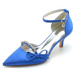 HFWXYSA Damen-Pumps mit spitzem Zehenbereich, mittelhoher Absatz, Satin, Knöchelriemen, Brautschuhe, Abendparty, Hochzeitskleid, Pumps mit Strasssteinen, blau, 42 EU von HFWXYSA