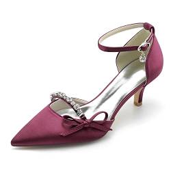 HFWXYSA Damen-Pumps mit spitzem Zehenbereich, mittelhoher Absatz, Satin, Knöchelriemen, Brautschuhe, Abendparty, Hochzeitskleid, Pumps mit Strasssteinen, burgunderfarben, 37 EU von HFWXYSA