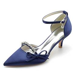 HFWXYSA Damen-Pumps mit spitzem Zehenbereich, mittelhoher Absatz, Satin, Knöchelriemen, Brautschuhe, Abendparty, Hochzeitskleid, Pumps mit Strasssteinen, navy, 37 EU von HFWXYSA